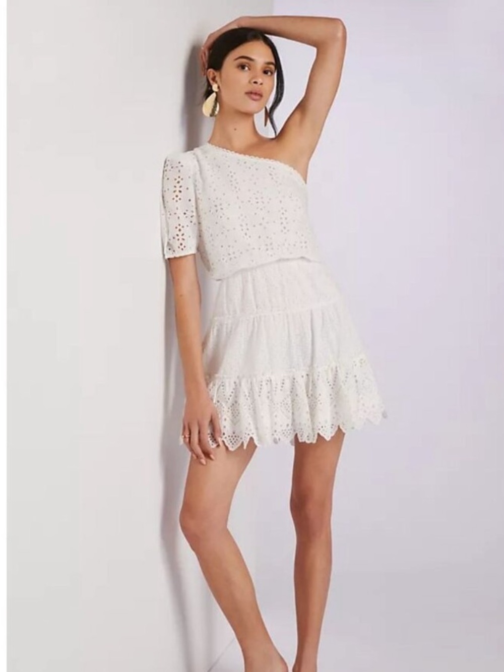 Hemant & Nandita One Shoulder Eyelet Tiered Mini Dress